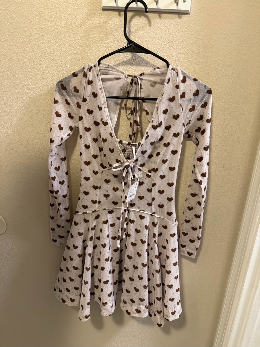 Free people Heart-Print Long Sleeve Dress - Cream with Brown Hearts